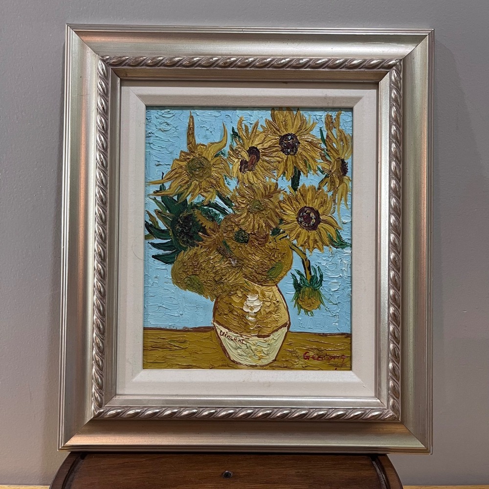 Vtg G. Strong‎ Sunflowers Oil Painting Impasto Textured Silver Frame 8x10 Art